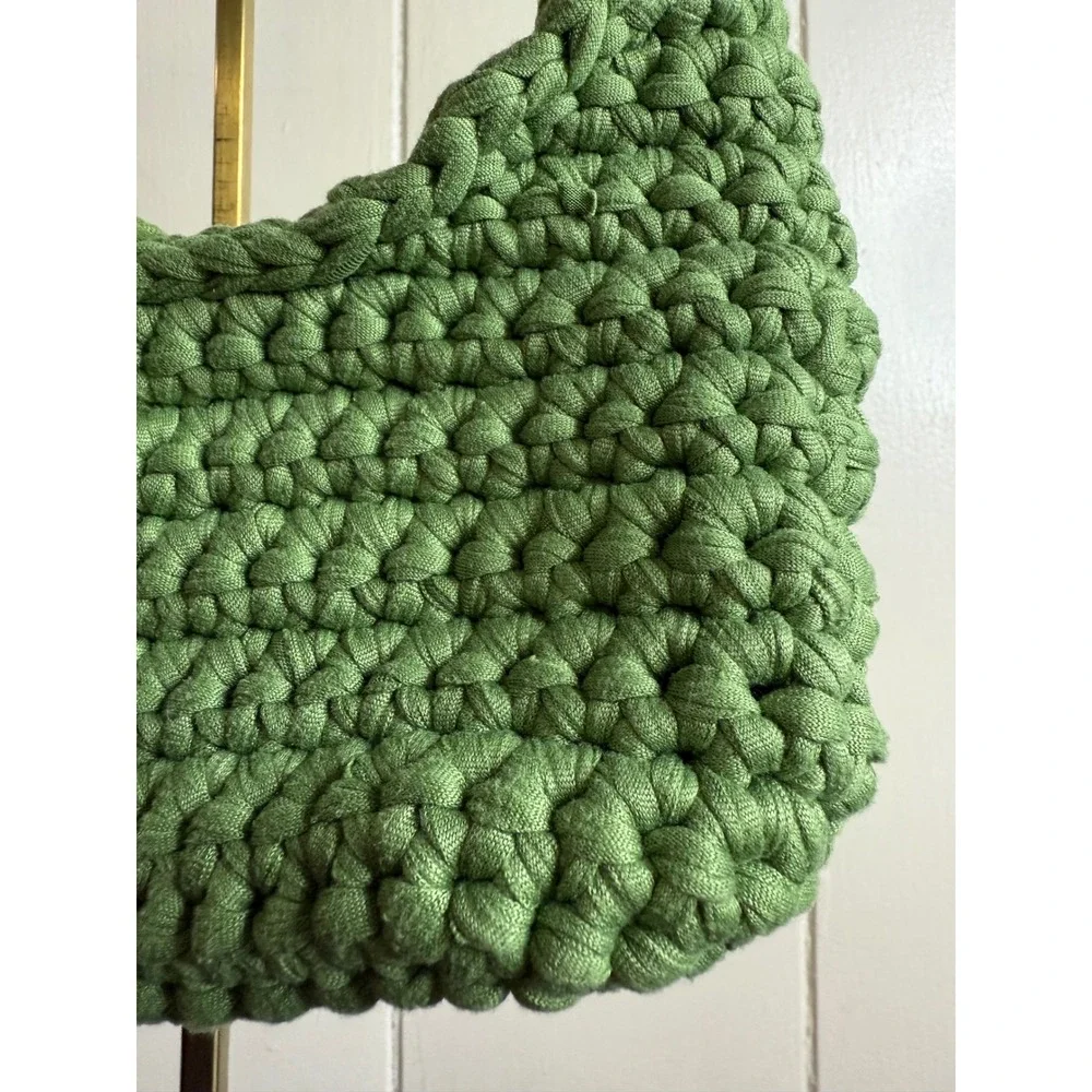 Crochet Shoulder Bag Women's Green Knitted Purse Wooden Button Closure Hobo